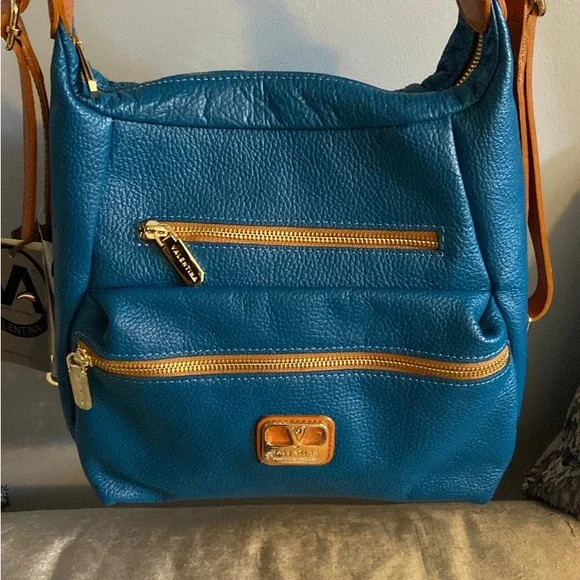 Valentina Ocean Blue/Tan Leather Convertible Backpack  display picture 1